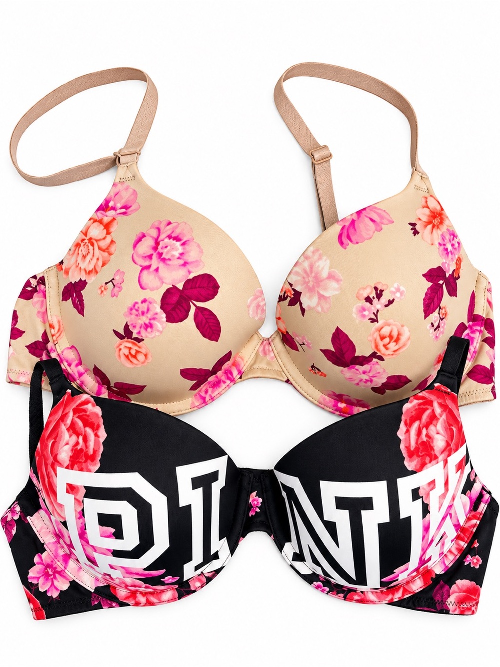 Victoria's Secret PINK black floral and cram floral push-up bras Sz(34B)